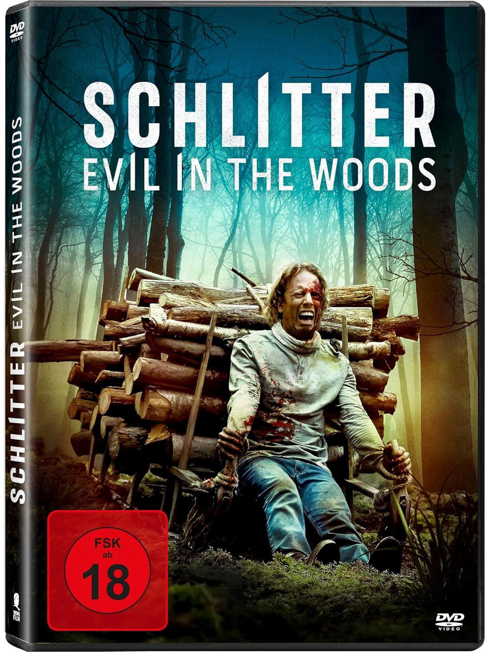 DVD-Cover: Mann mit Blut im Gesicht vor Holzstapel. Titel: Schlitter, Evil in the Woods.