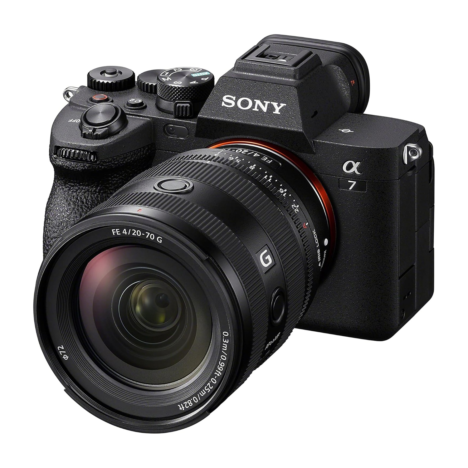 Fotocamera Sony nera con un obiettivo grande. L'obiettivo è il focus principale. Sfondo bianco.