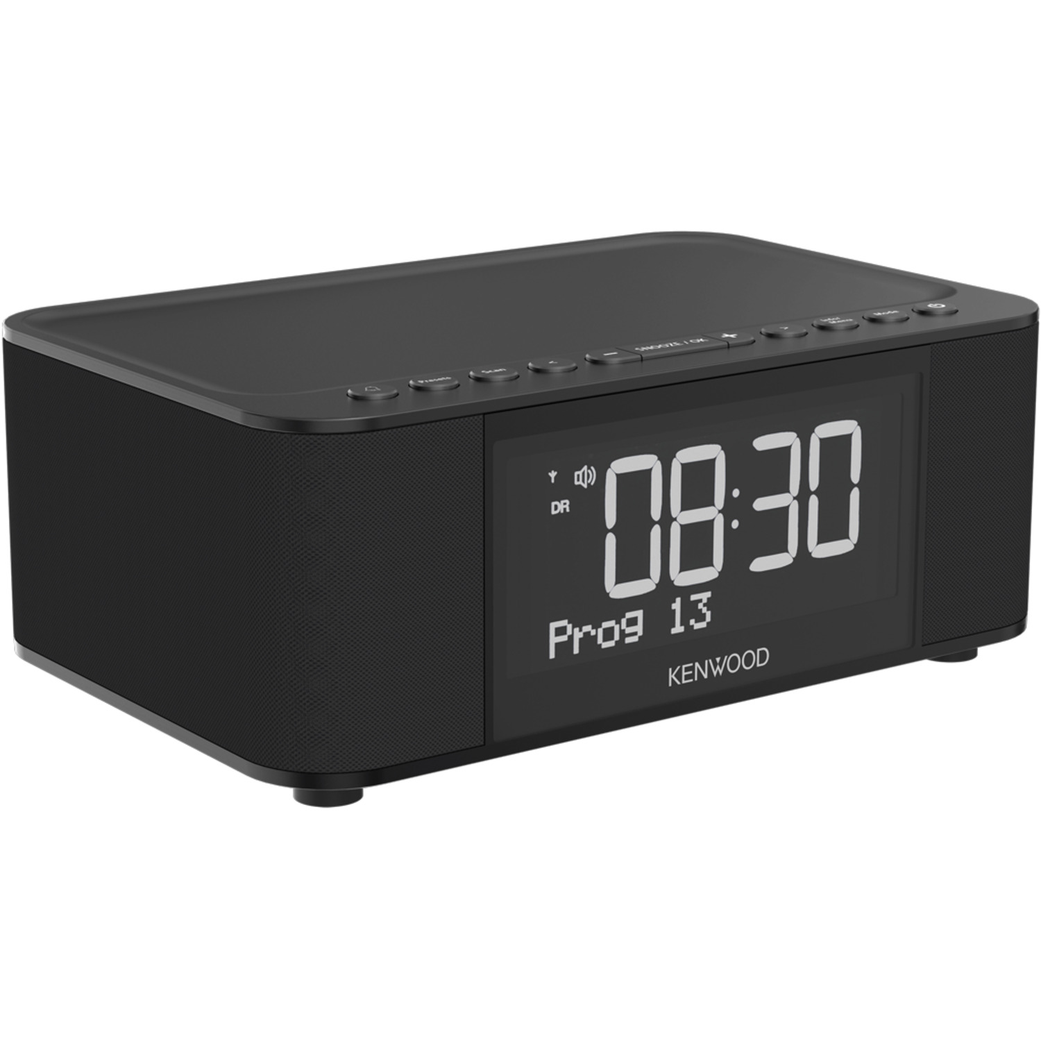 Black Kenwood clock radio with a digital display showing time and settings.