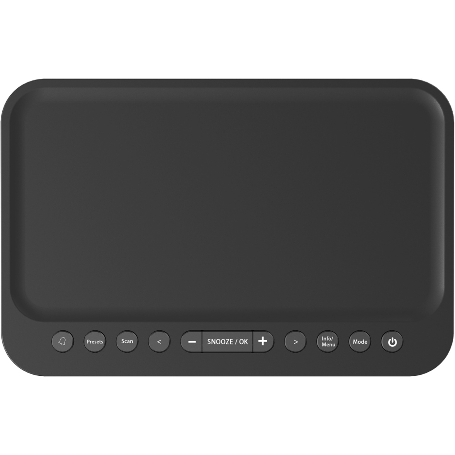 A black digital alarm clock with buttons and an interface.