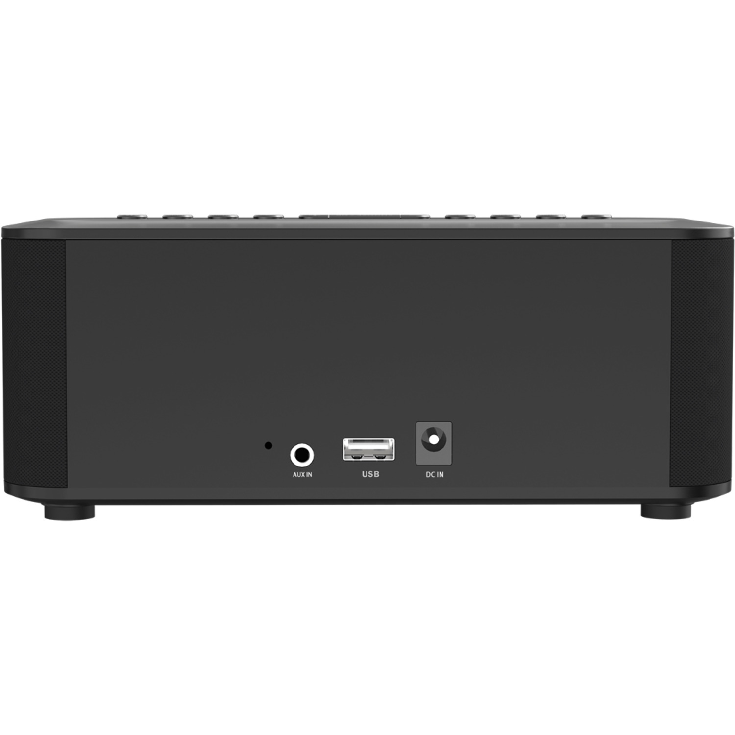 Black speaker's back with AUX in, USB, and DC in ports.