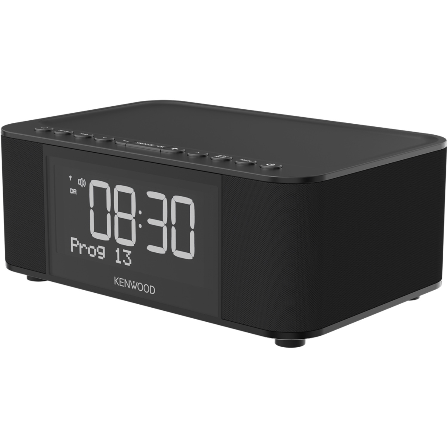 A black digital clock radio with a large display showing the time. The brand is KENWOOD.