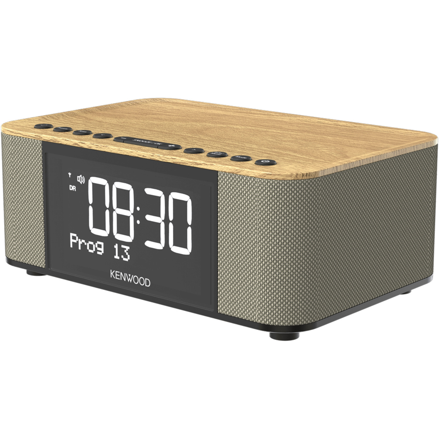 Wooden-topped Kenwood clock radio. Large digital display shows the time.