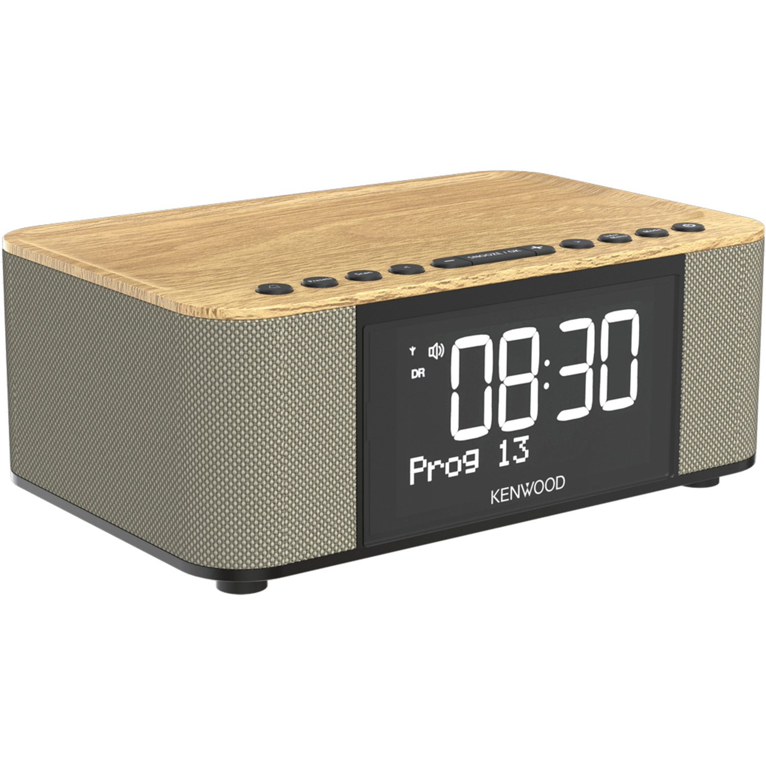 Kenwood digital alarm clock with a wood-look top and a digital display showing 08:30.