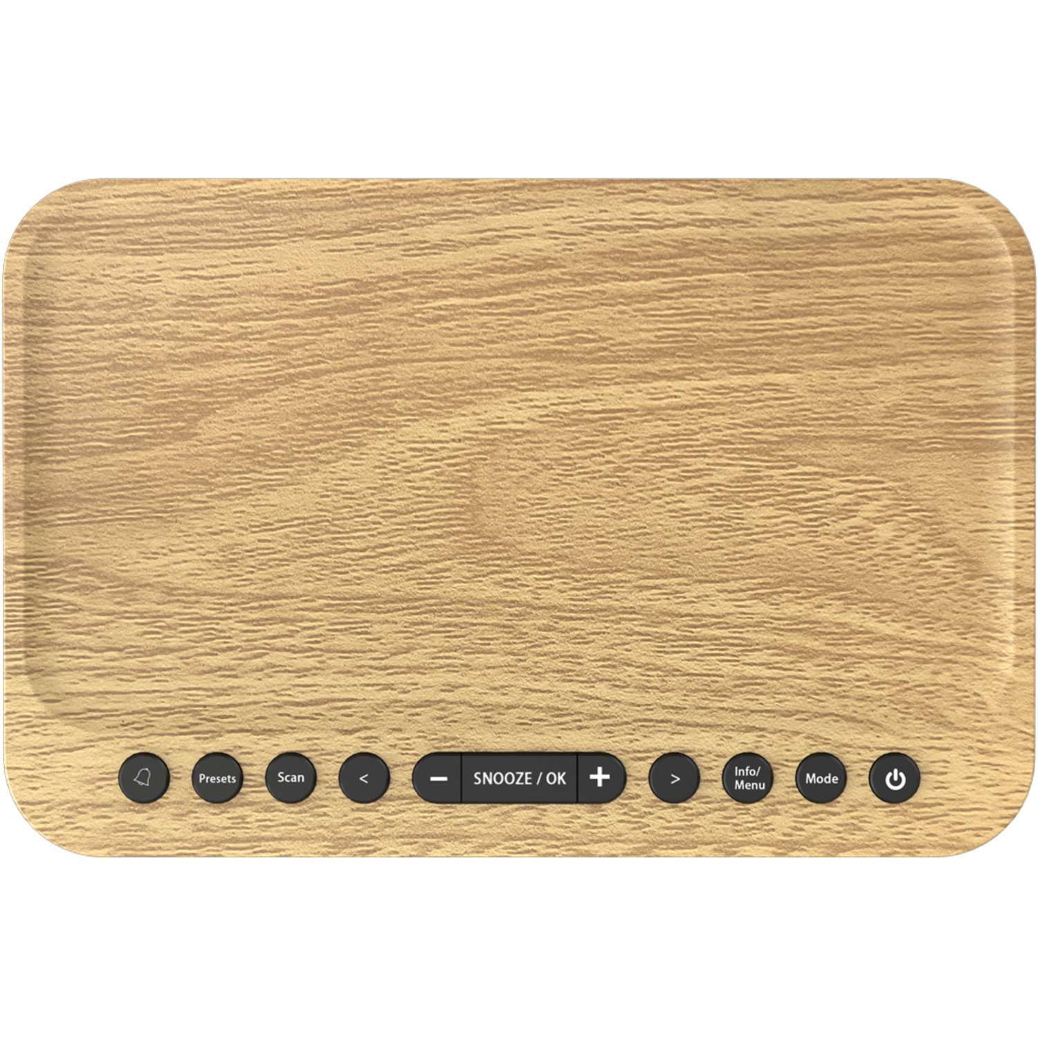 A light brown wooden tray with black buttons and a power button is displayed.