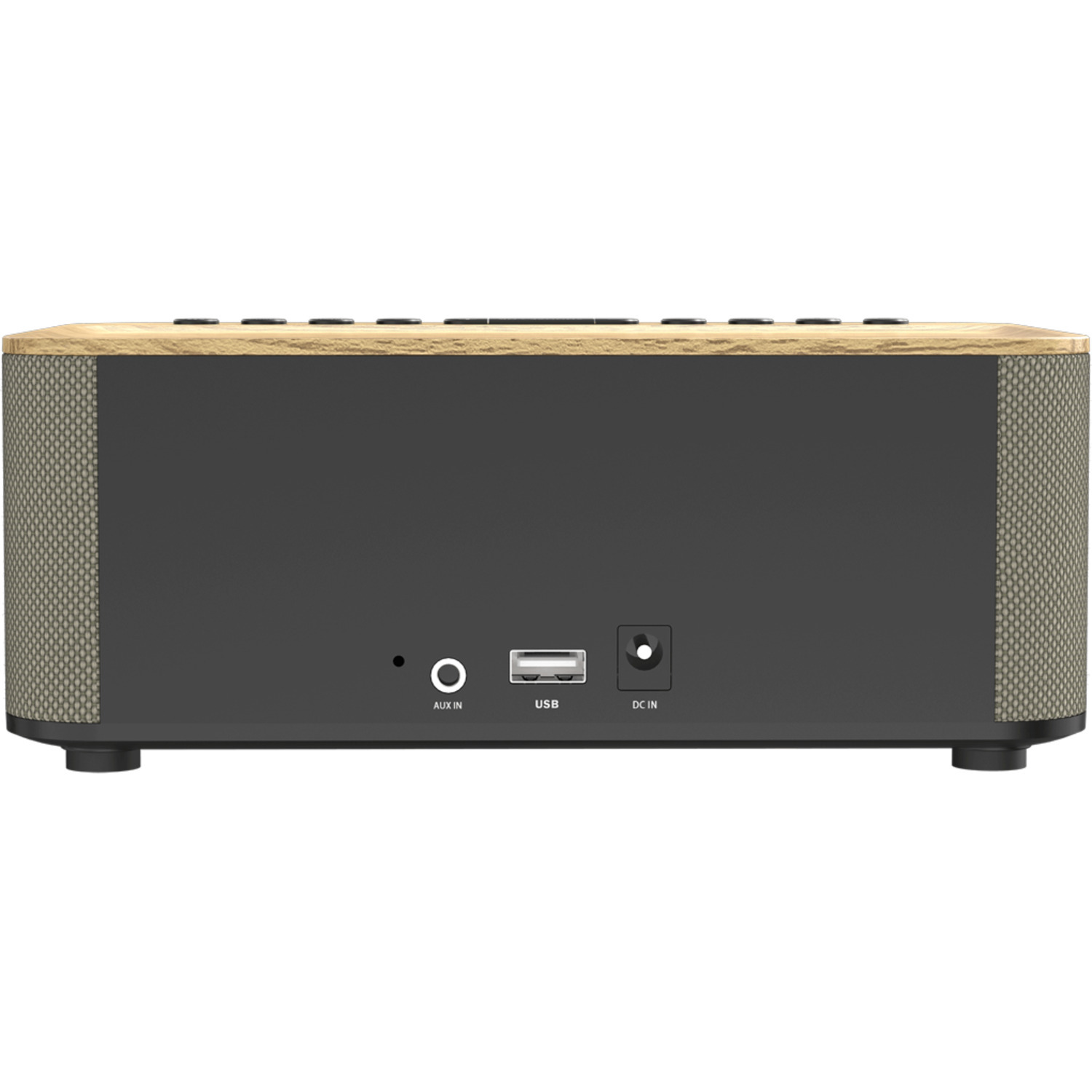 Black speaker with wood top, inputs for AUX, USB, and DC in. White background.