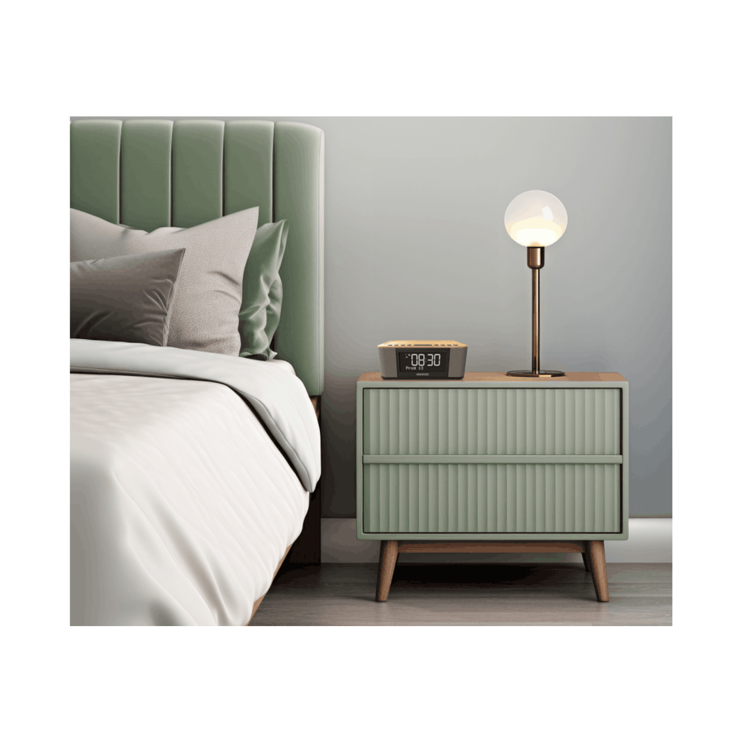 A bedroom scene with a green nightstand and a lamp. A bed is in the background.