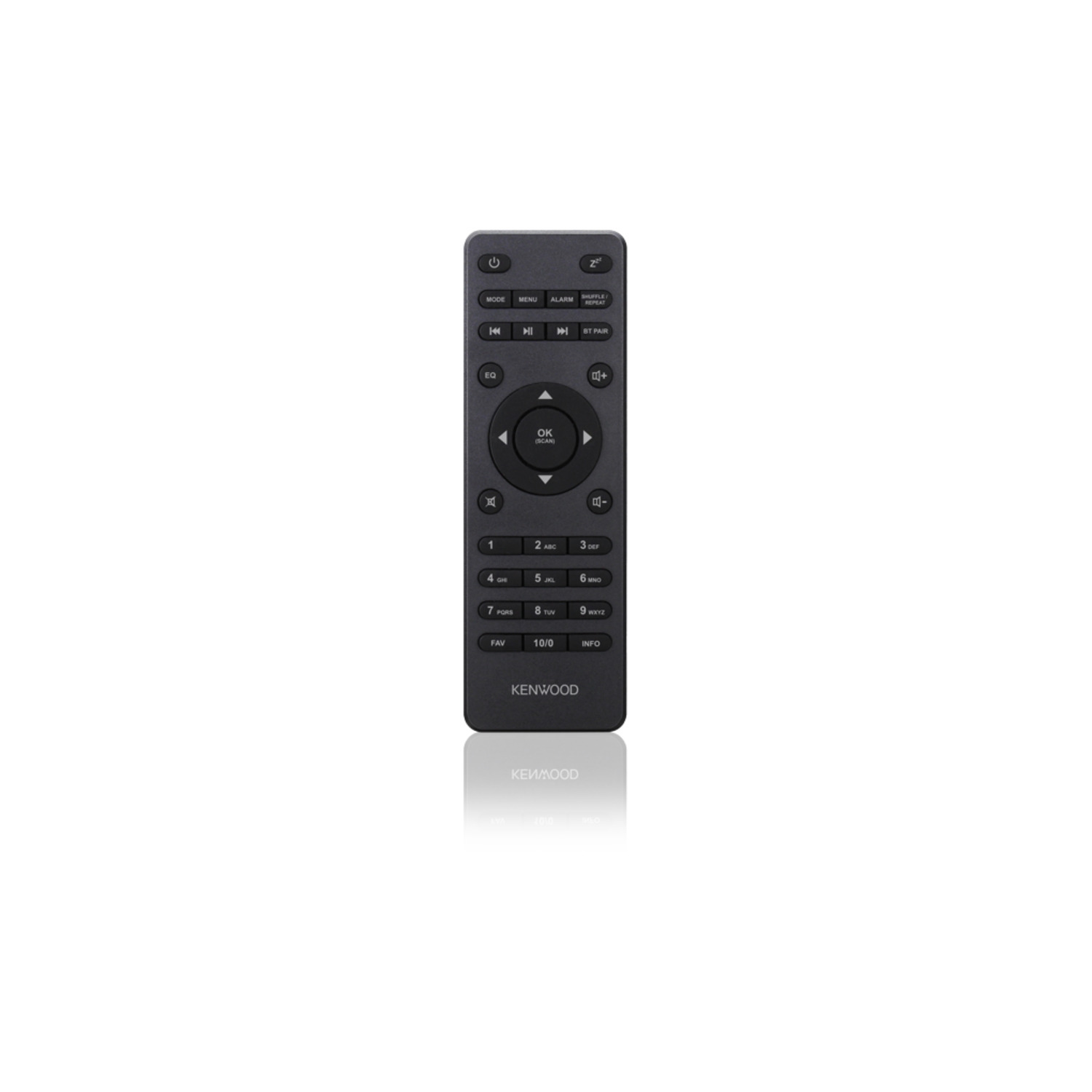 Kenwood remote control. Black with many buttons. OK button in the center. White background, reflection below.