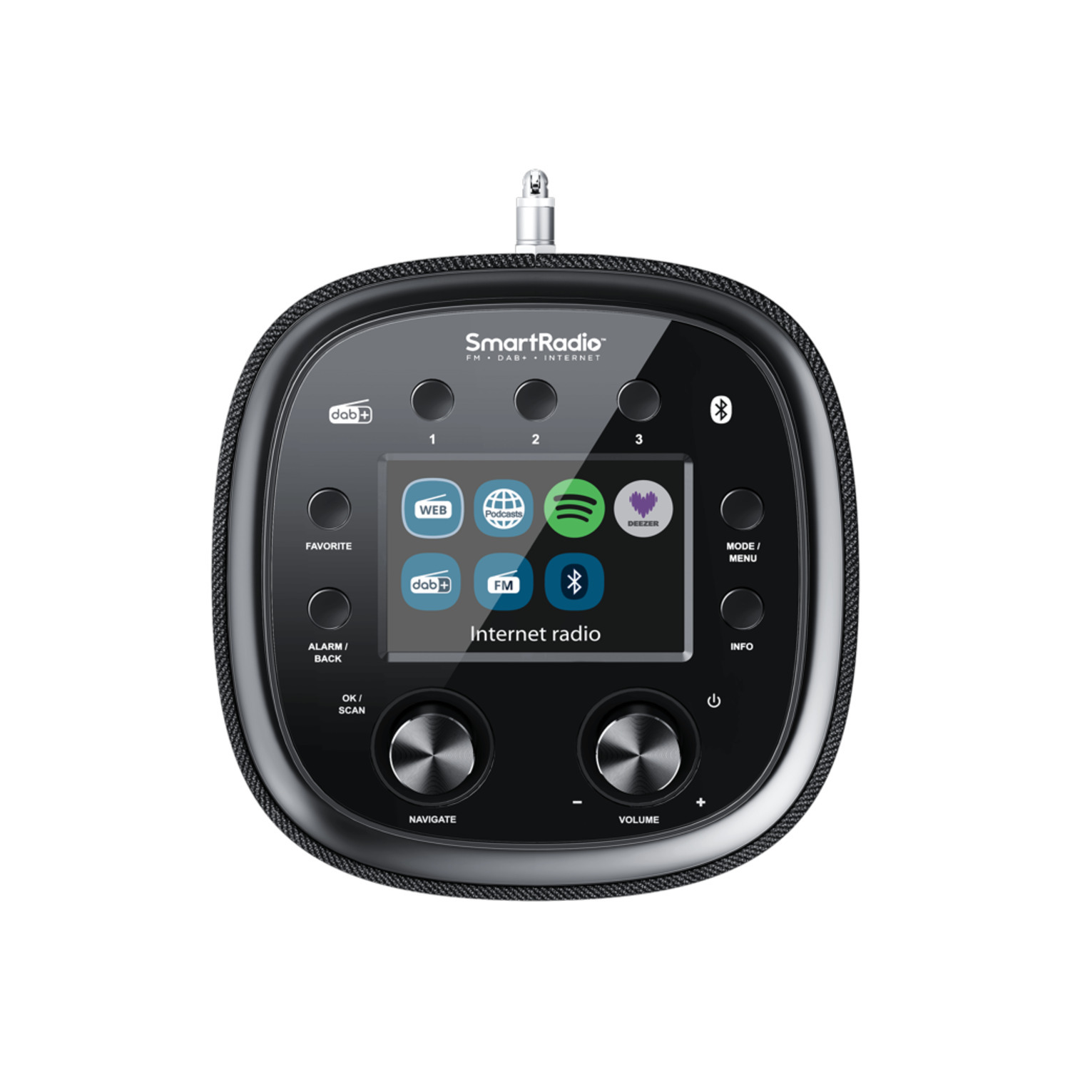 A black internet radio with a screen displaying icons for web, Spotify, and more.