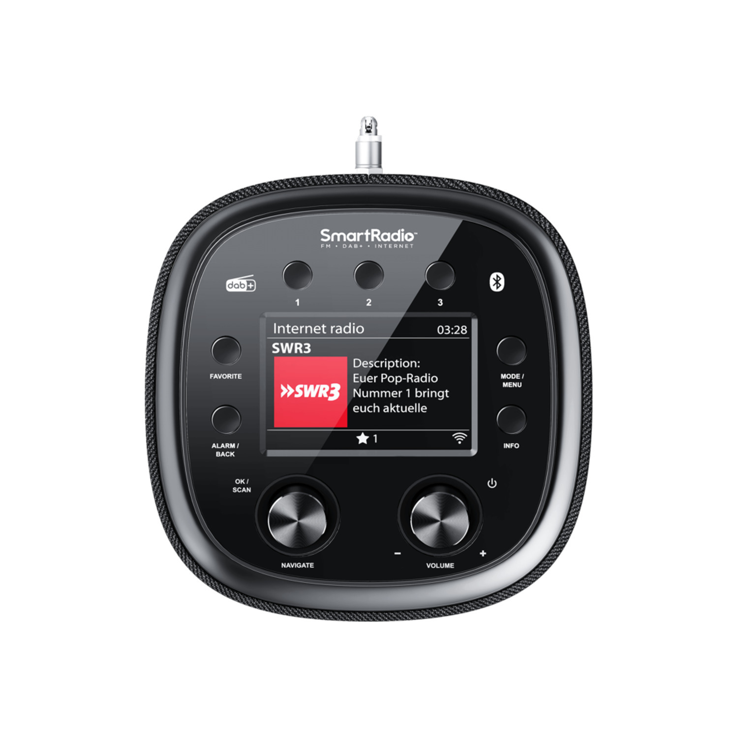 A black SmartRadio with a screen displaying the radio station information.  It has several buttons around it.