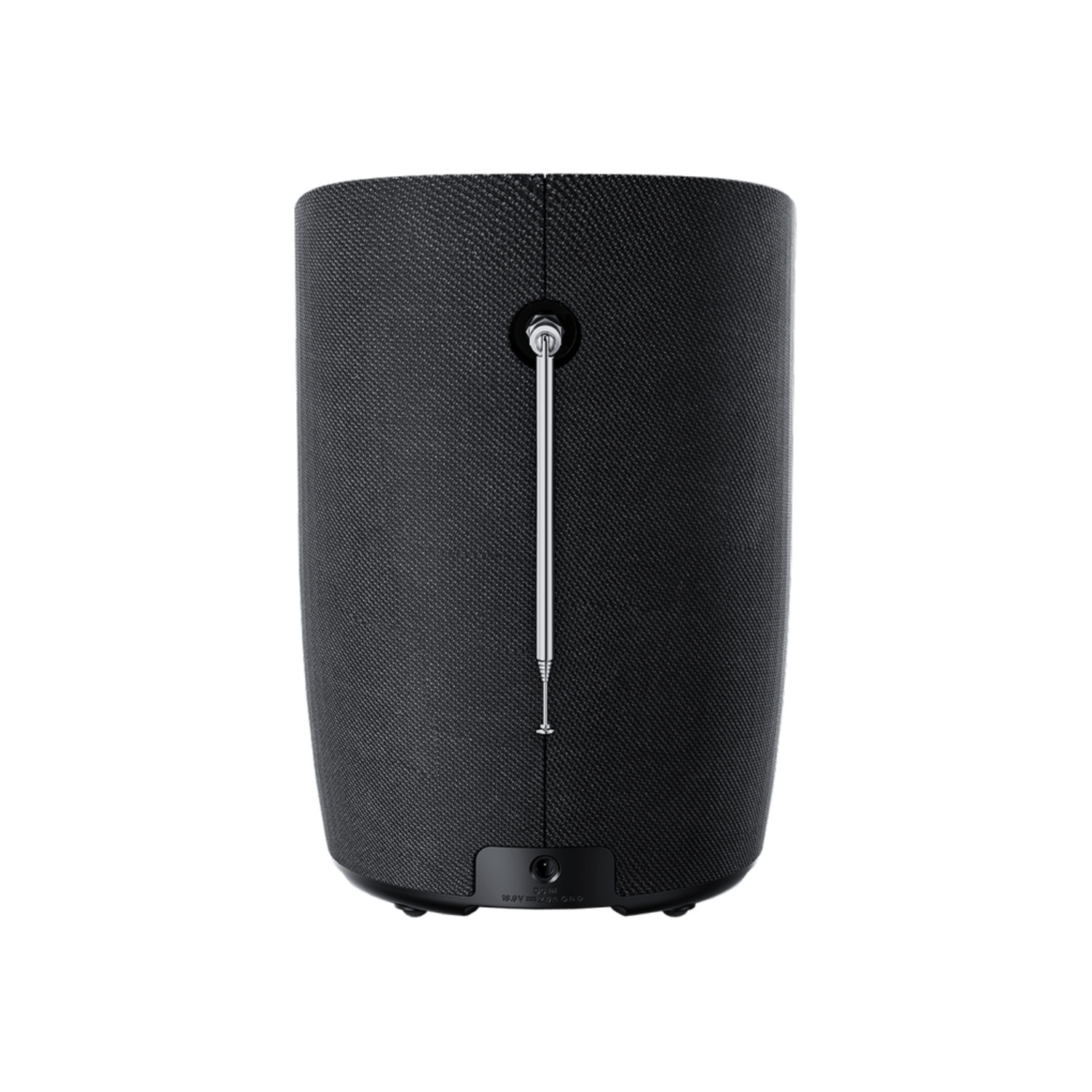 Black cylindrical speaker with a silver antenna. White background. The speaker is a solid color.