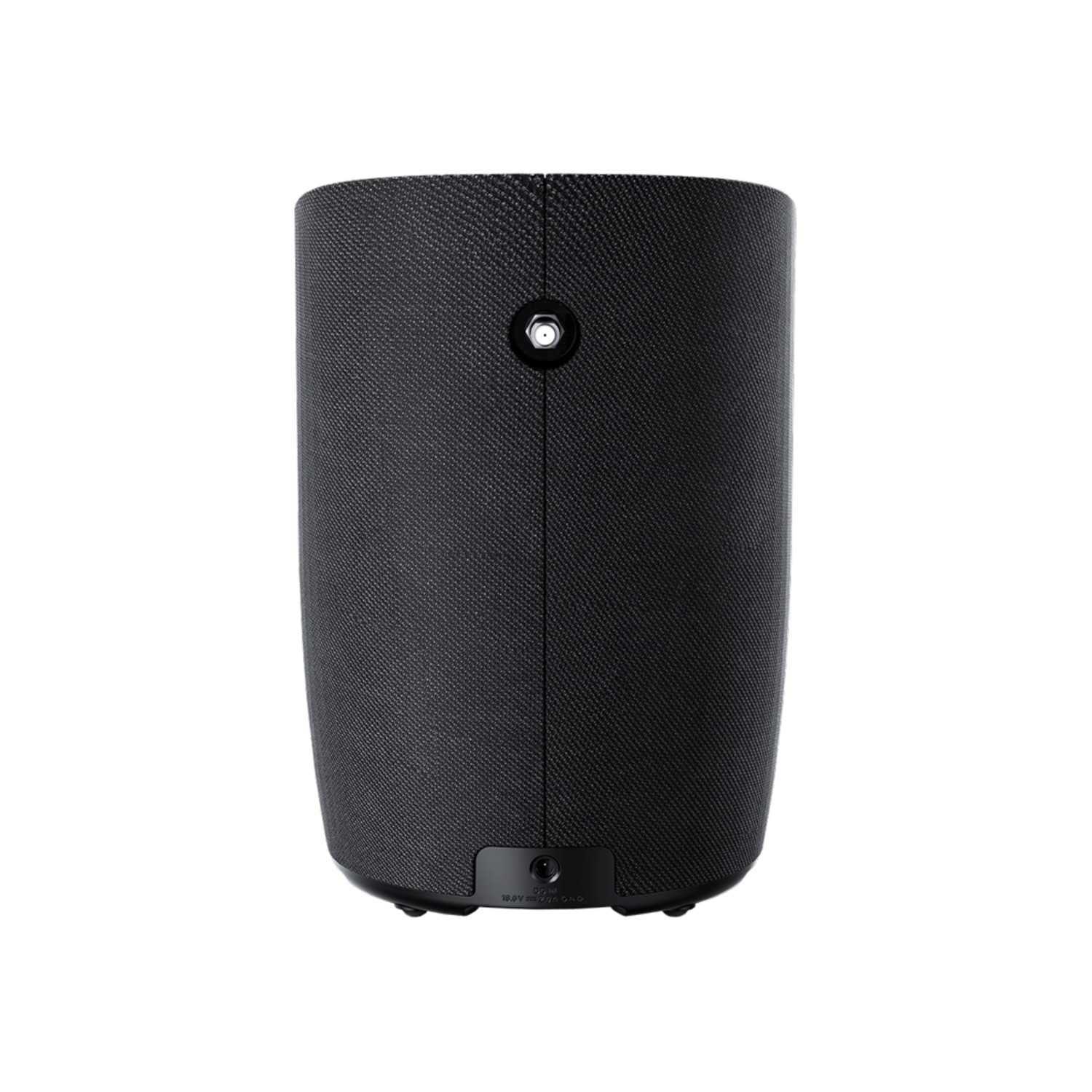 A black speaker with a textured surface. It has a button and a connector on its back.