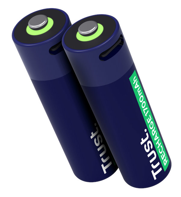 Dwa ciemnoniebieskie baterie AA z zielonymi wierzchami i białym napisem "Trust".