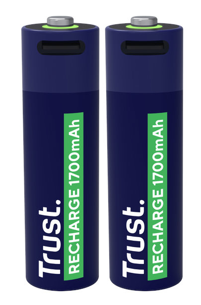 Dwa cylindryczne, granatowe baterie Trust z zielonym tekstem.