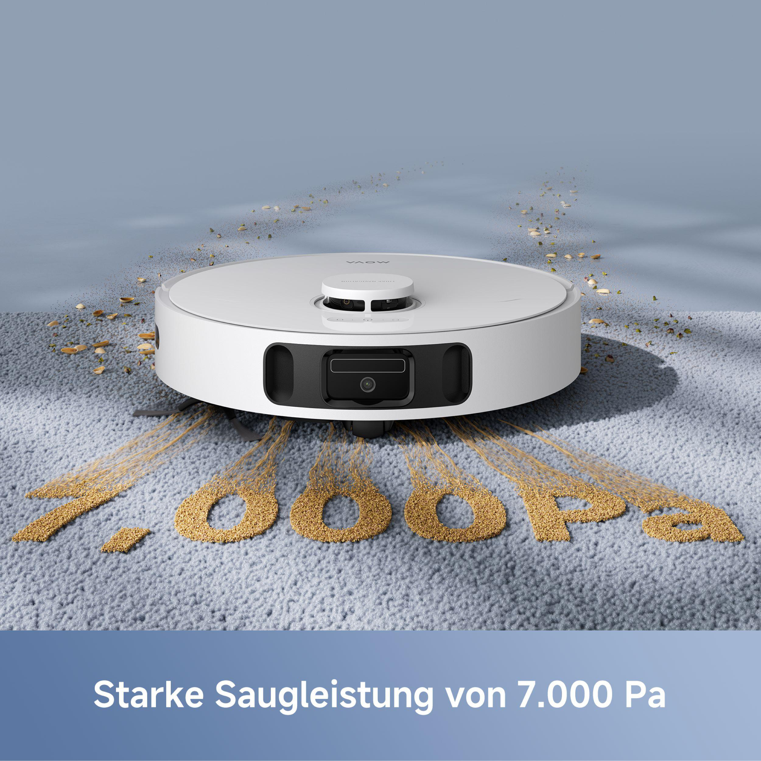 Ein weißer Roboter-Staubsauger auf einem hellgrauen Teppich.