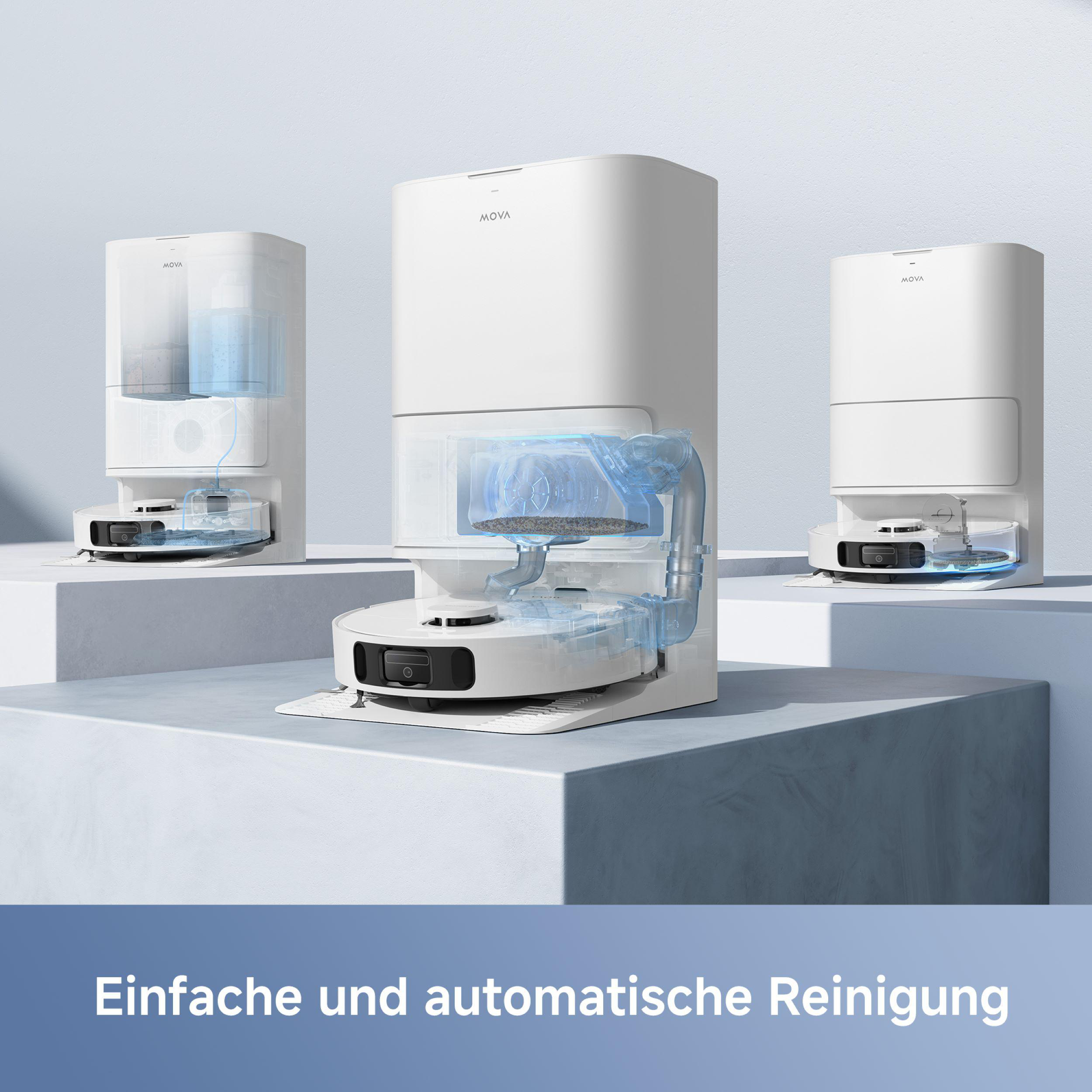 Drei Roboterstaubsauger mit ihrer Ladestation. Weißer Hintergrund.
