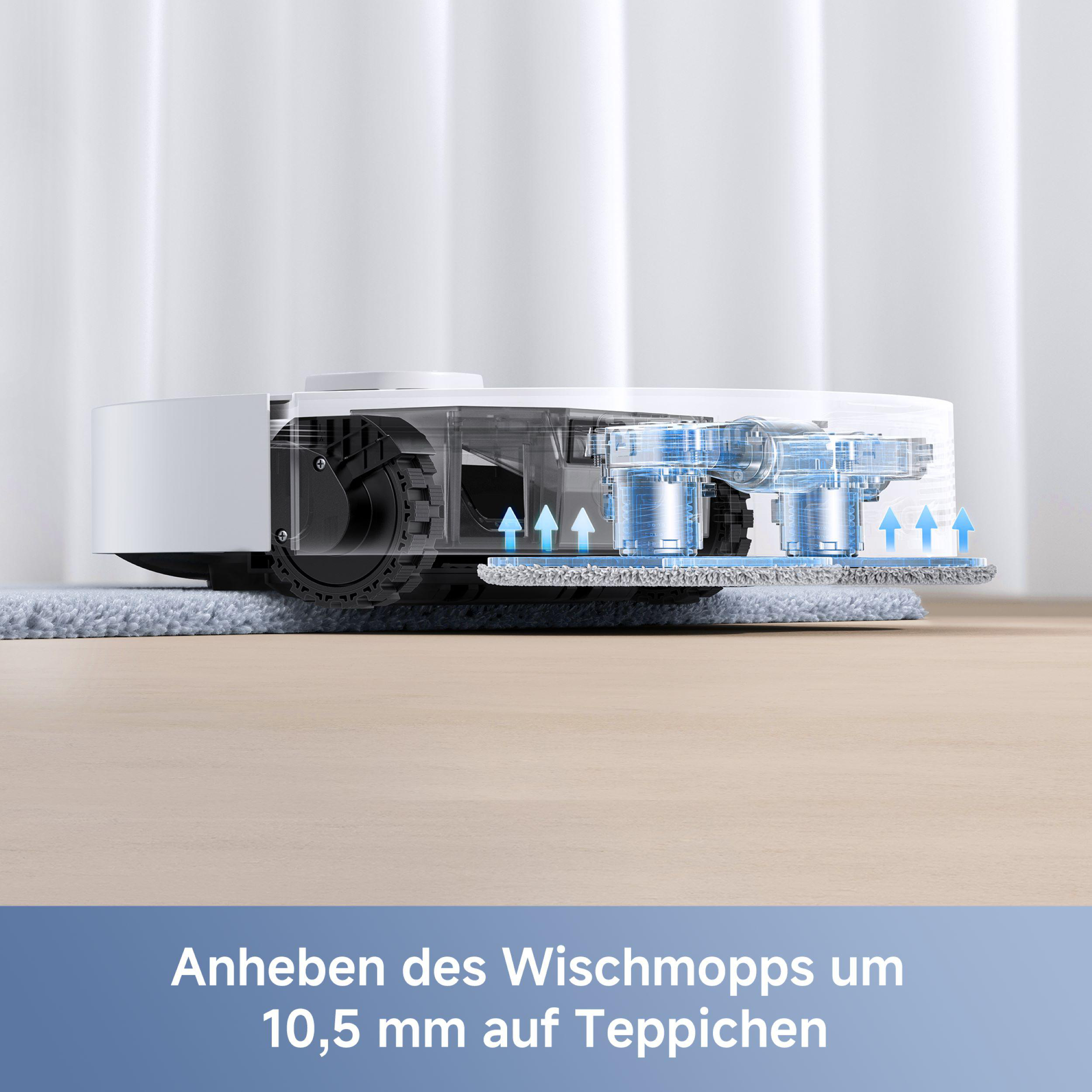 Ein Roboter-Staubsauger auf einem Holzboden. Blaue Pfeile zeigen den Reinigungsvorgang auf einem Teppich.