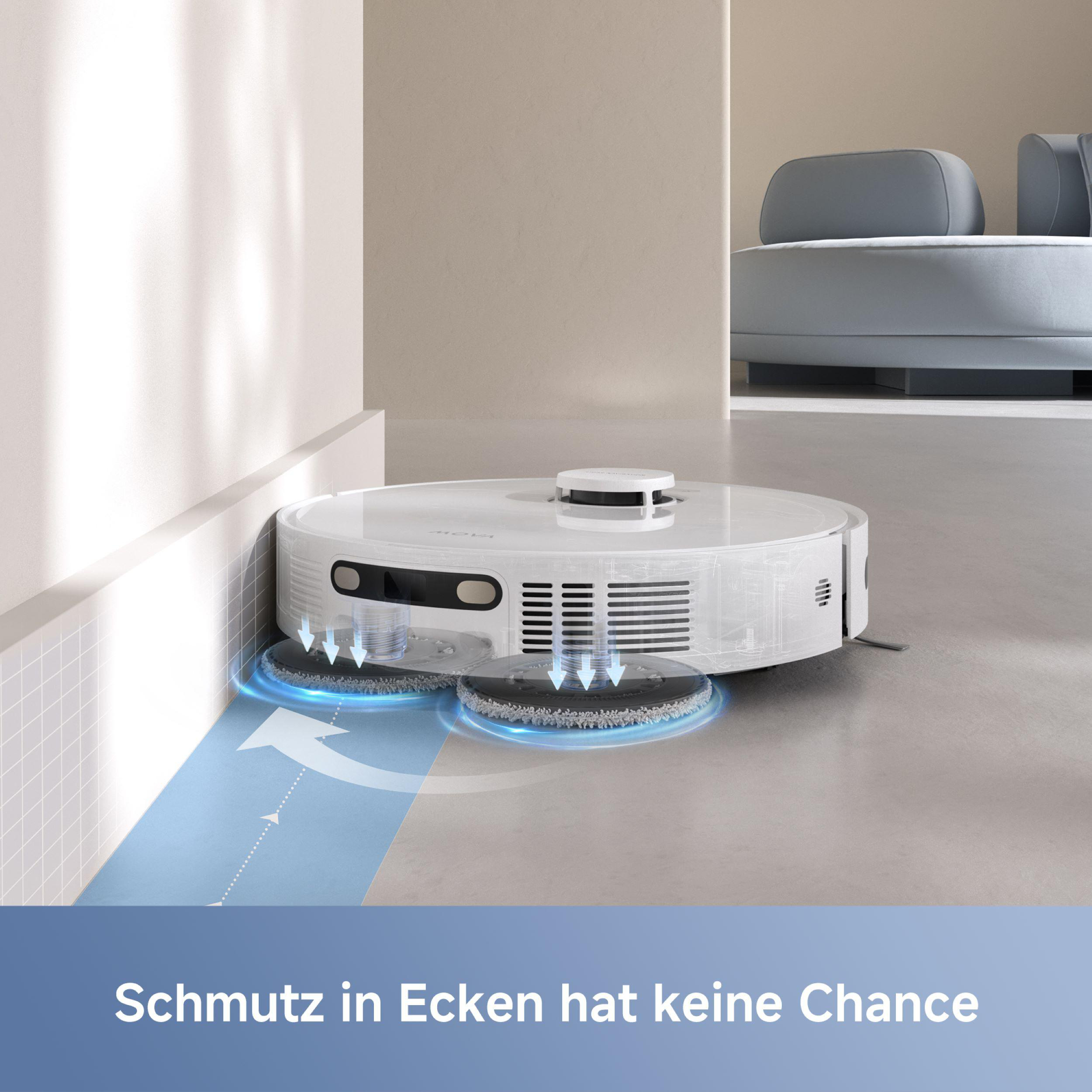 Weißer Roboter-Staubsauger reinigt einen grauen Boden. Er hat zwei rotierende Bürsten an der Unterseite.