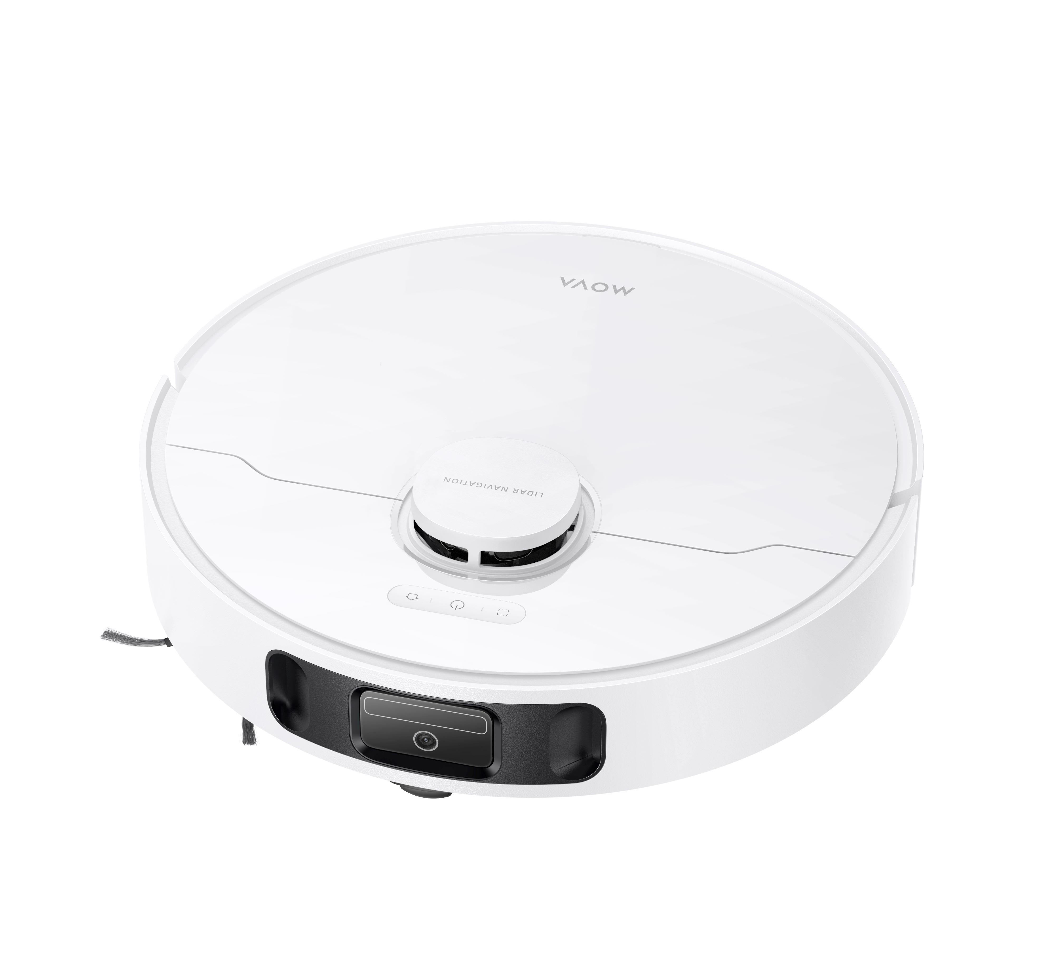 Weißer Roboter-Staubsauger. Runde Form mit Knöpfen und einem Sensor oben. Saubere, weiße Oberfläche.