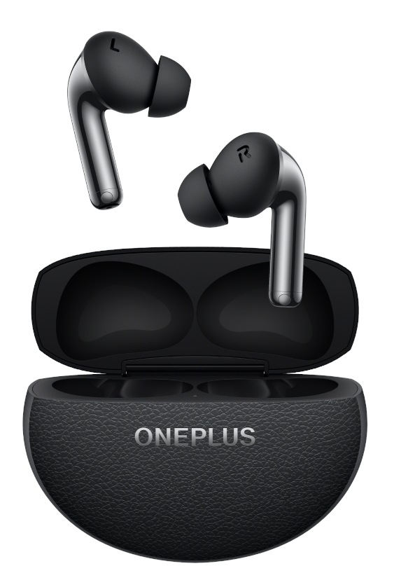 Czarne słuchawki OnePlus i etui ładujące. Etui jest otwarte, odsłaniając słuchawki.