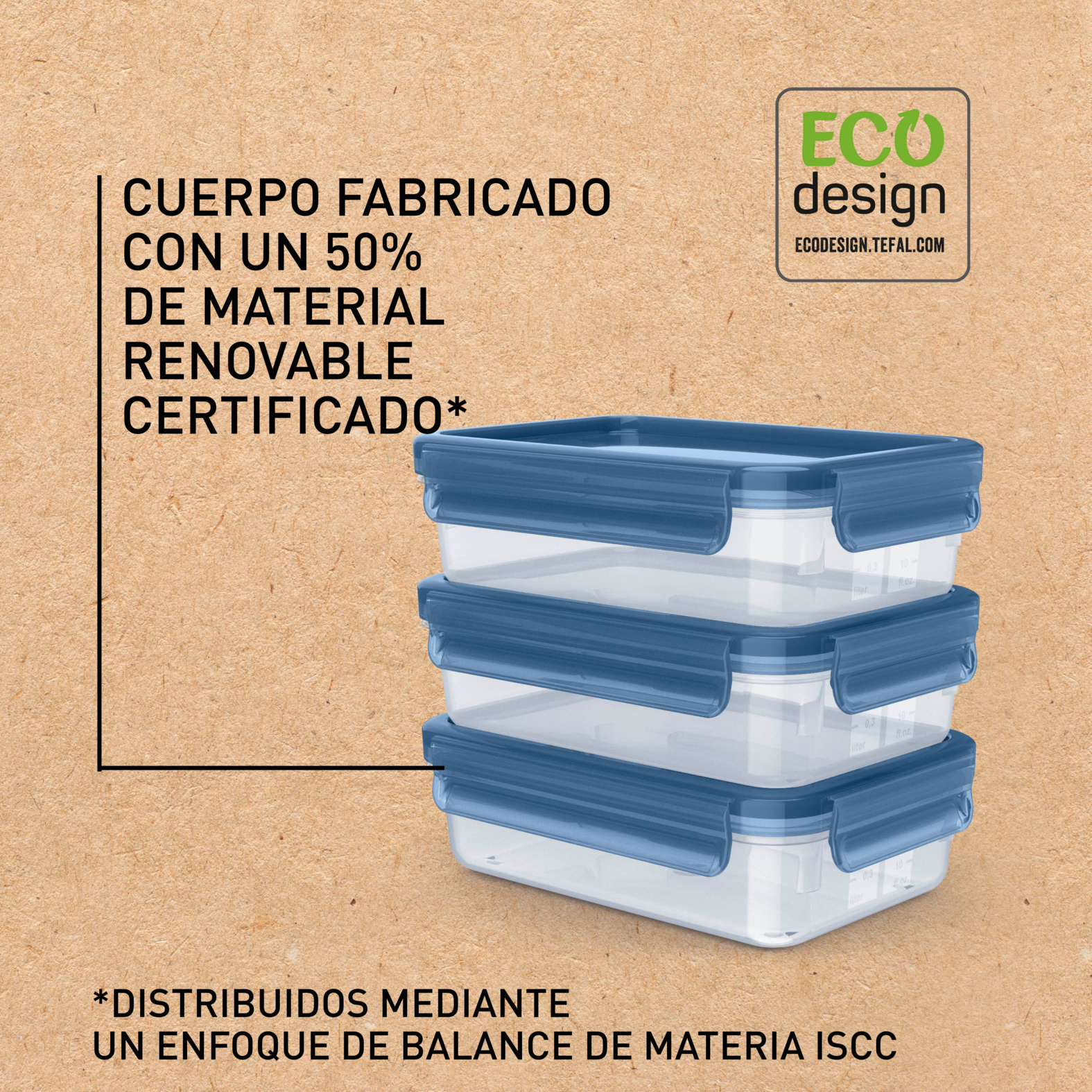 Tres recipientes de plástico transparente con tapas azules, apilados. Texto y logo.