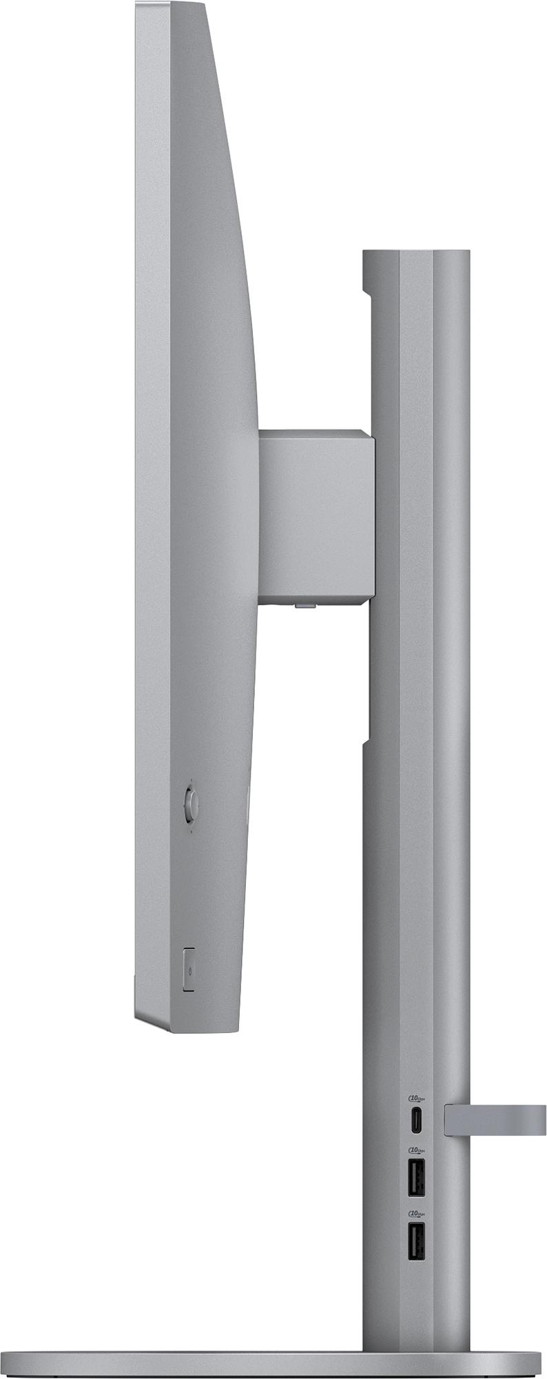 Silberner Computermonitor, Seitenansicht. Ständer und Anschlüsse sichtbar. Weißer Hintergrund.