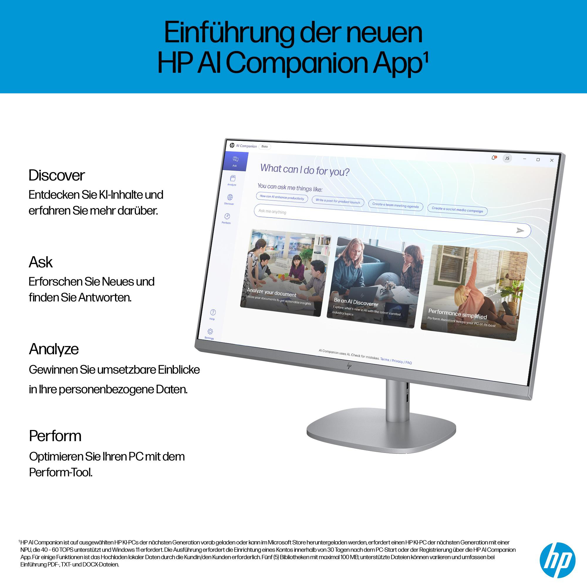 HP-Monitor mit der HP AI Companion App-Oberfläche, Text mit Funktionen.