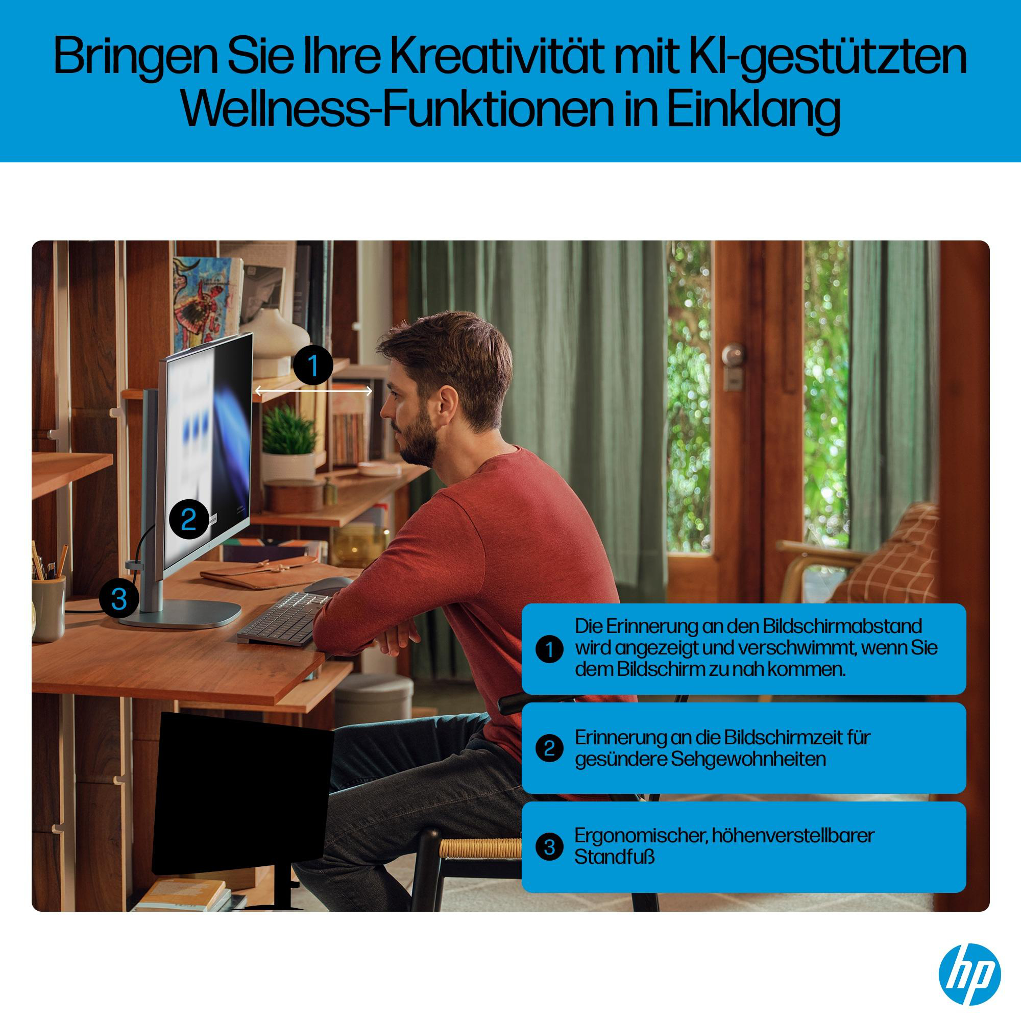 Ein Mann sitzt an einem Schreibtisch mit zwei Monitoren, einer Tastatur und Notizen. Das Bild hat nummerierte Textblasen.