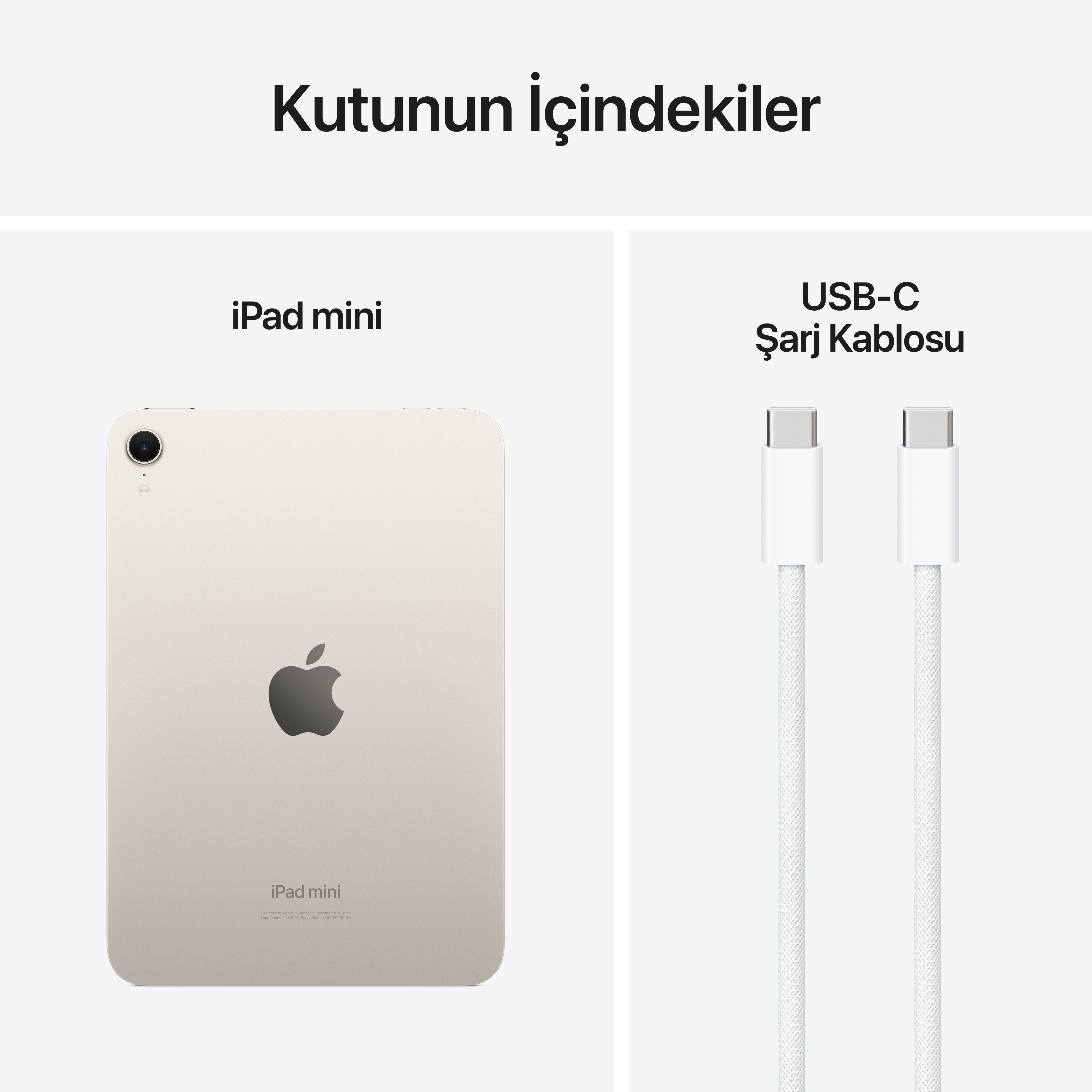 Bir iPad mini ve bir USB-C şarj kablosu. Bileşenler beyaz bir arka plan üzerinde.
