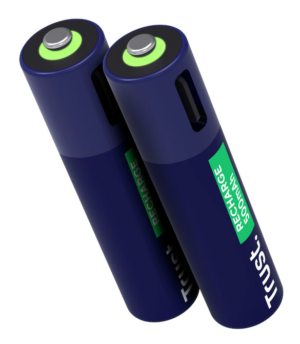 Dwie niebieskie baterie, zielony wierzch, etykieta, białe tło.