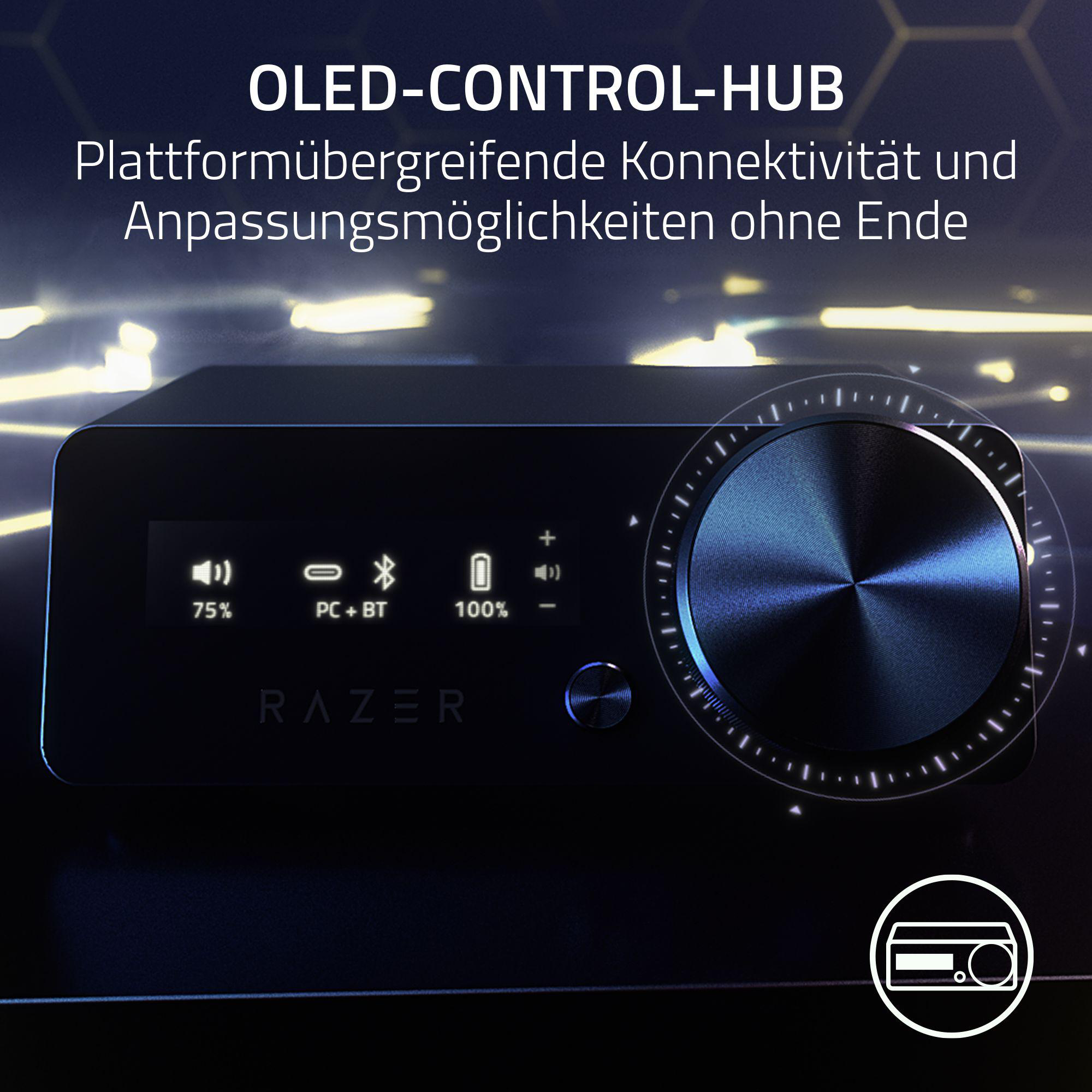 Ein schwarzer Razer-Steuerungs-Hub mit blauem, beleuchtetem Drehregler und dem Razer-Logo.