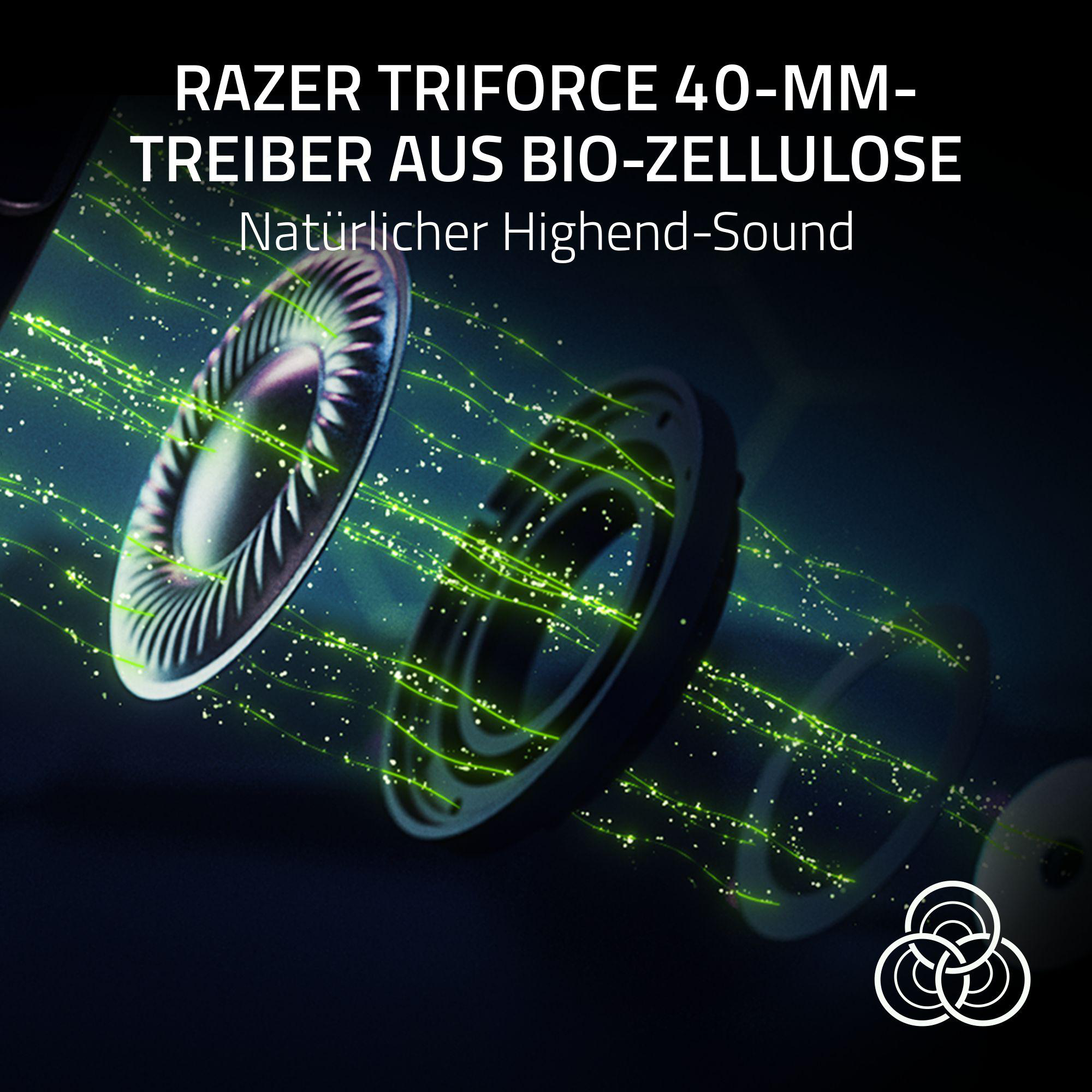 Nahaufnahme eines Lautsprechers mit Text 'RAZER TRIFORCE' und Schallwellen-Grafik.