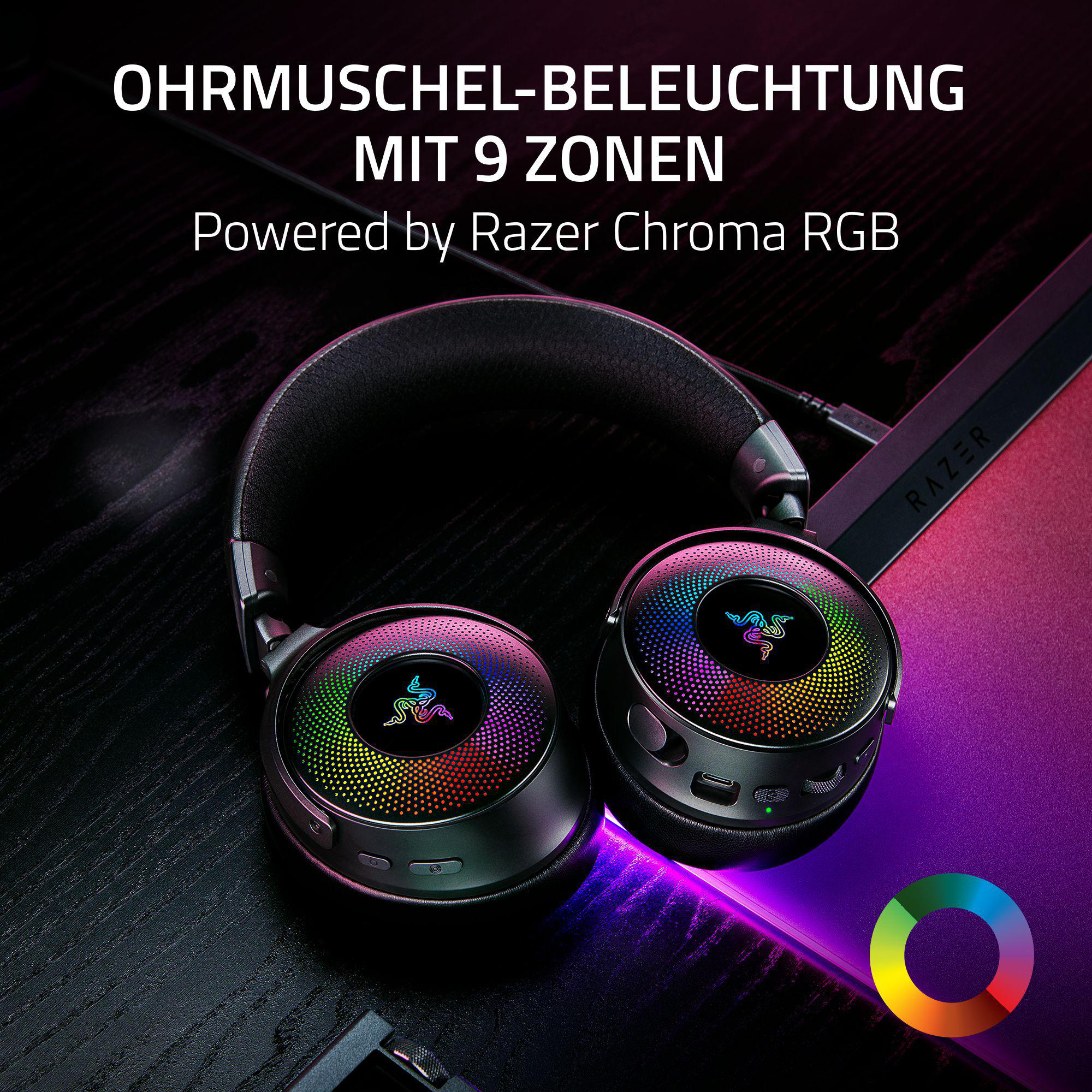 Schwarze Razer-Kopfhörer mit RGB-Beleuchtung auf den Ohrmuscheln.