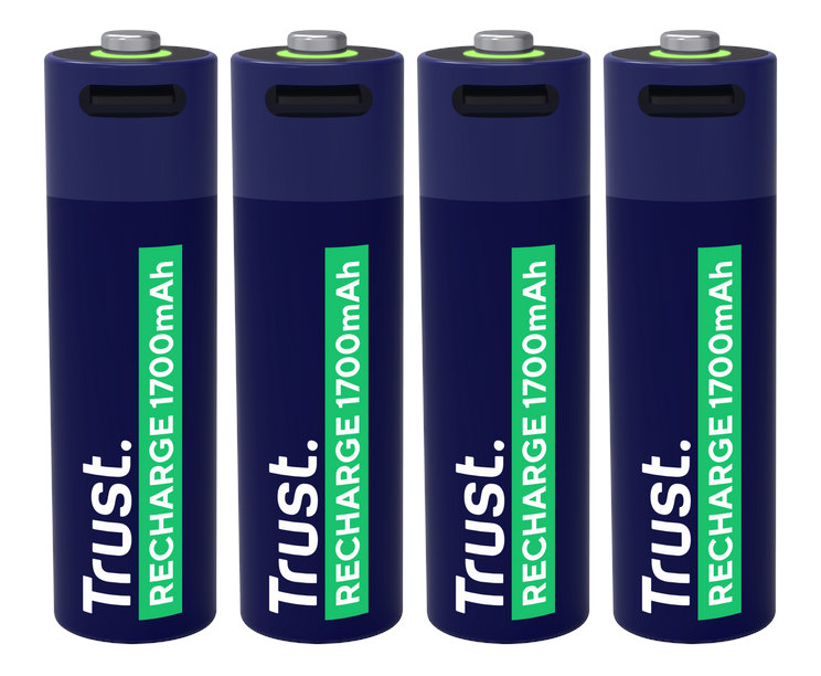Cztery niebieskie akumulatory Trust, każdy z zieloną etykietą 'Recharge 1700mAh'.