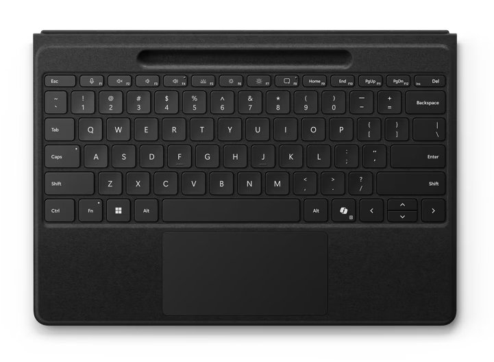 Czarna klawiatura z białymi literami i symbolami, w tym touchpad. Klawiatura jest na białym tle.