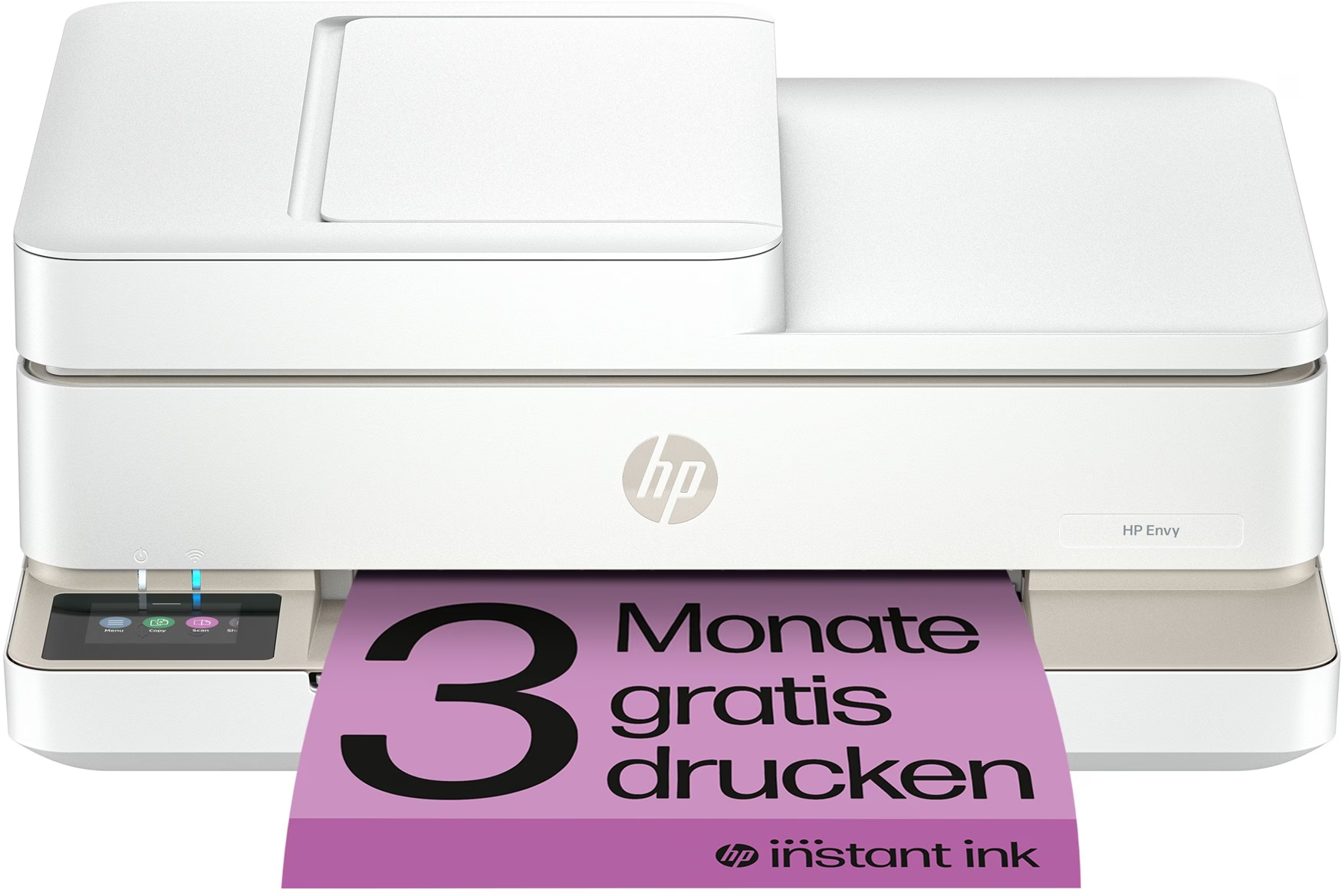 Imprimante blanche avec une bannière violette indiquant '3 mois d'impression gratuits'. Elle porte le logo HP.