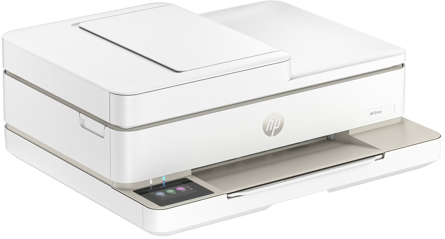 Imprimante HP Envy blanche. Bac supérieur ouvert. Fond blanc.