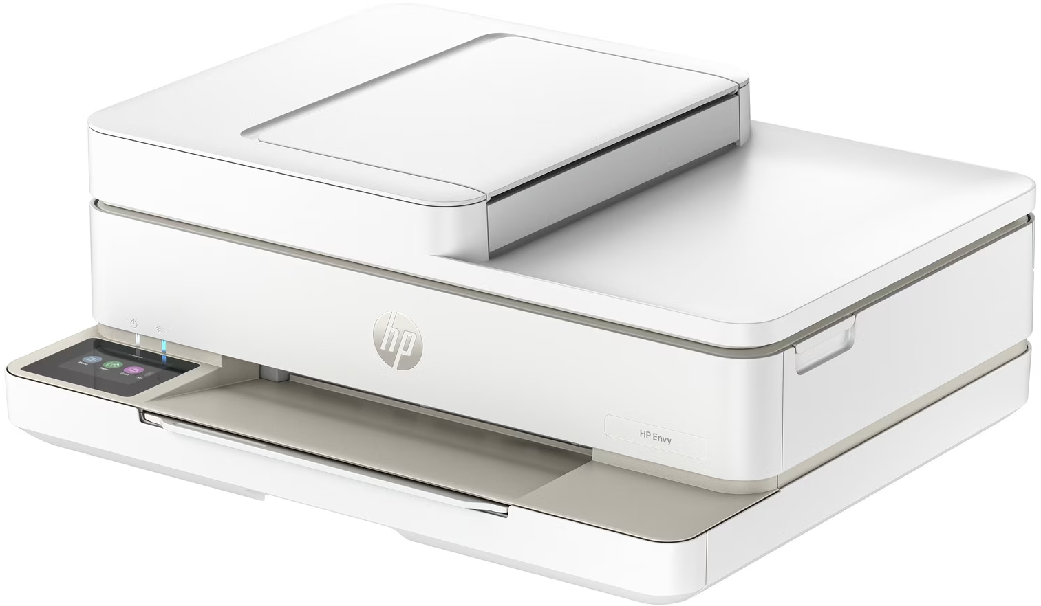 Imprimante HP Envy blanche. Couvercle du scanner relevé. Logo et écran tactile visibles.