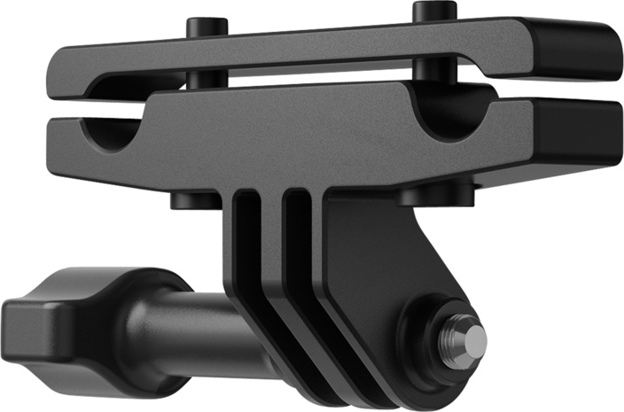 Eine schwarze GoPro-Halterung mit mehreren Befestigungspunkten und einem Kugelgelenk zur Einstellung.