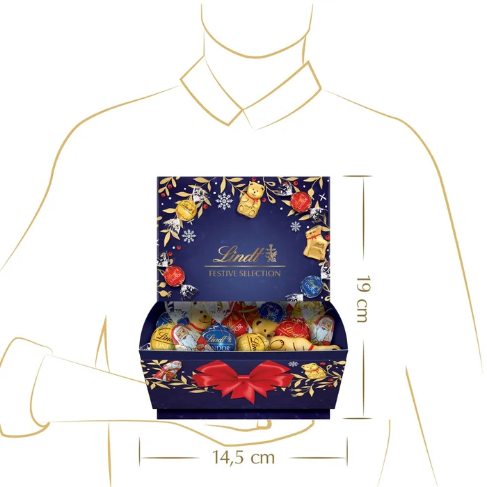 Boîte Lindt Festive Selection avec ours en chocolat et décorations.