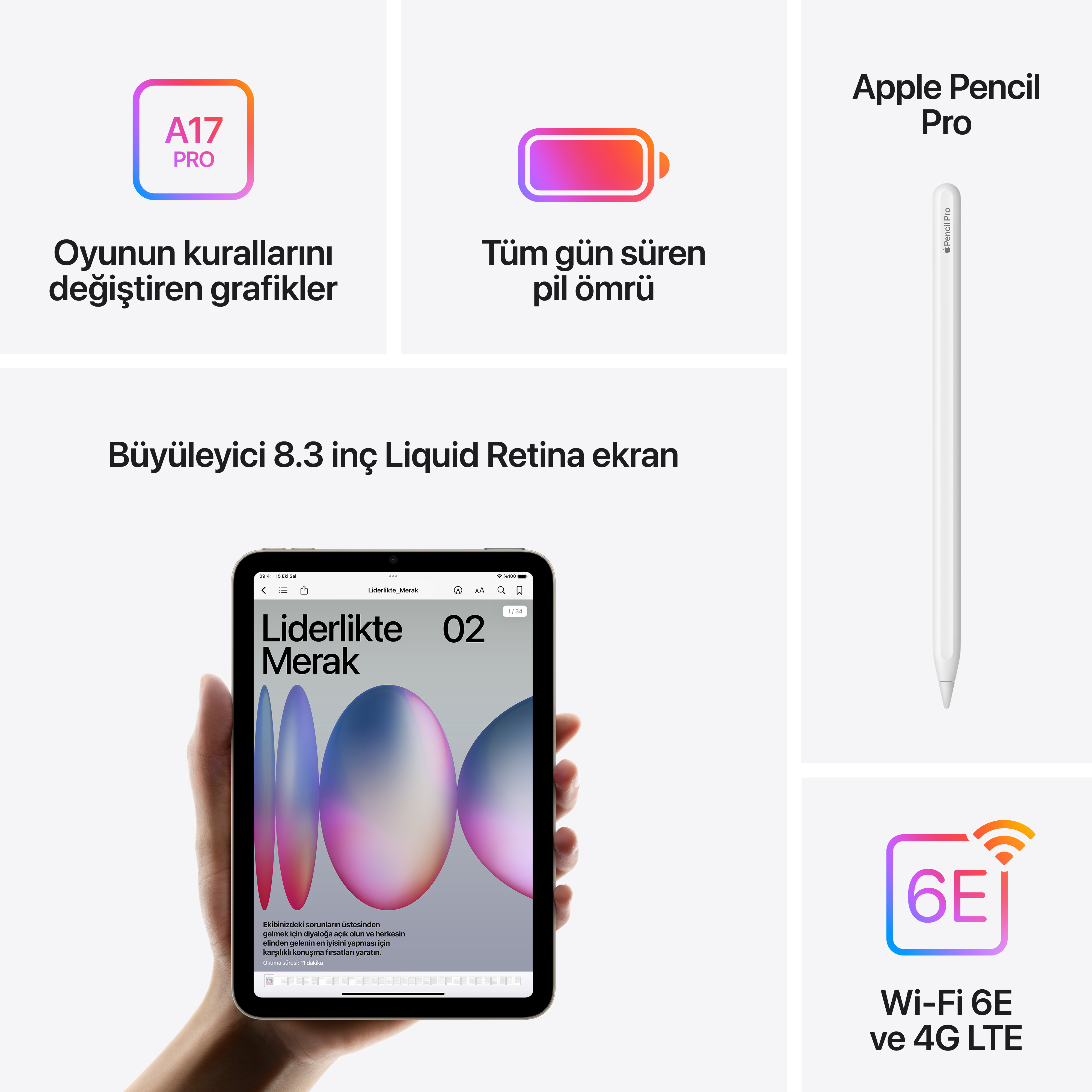 A17 Pro çipli iPad, büyüleyici ekran, Apple Pencil Pro ve Wi-Fi 6E.