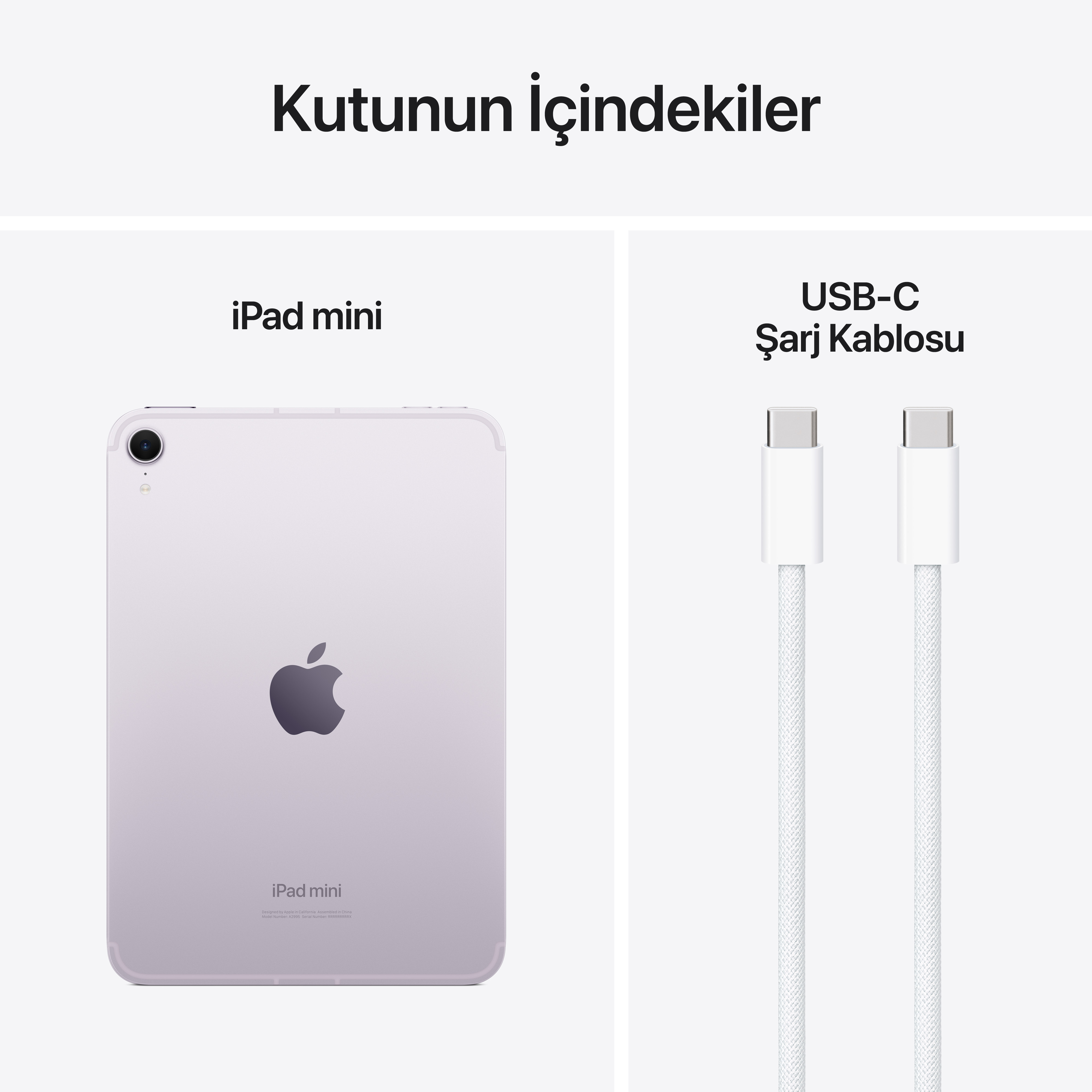 Mor iPad mini ve iki beyaz USB-C şarj kablosu.