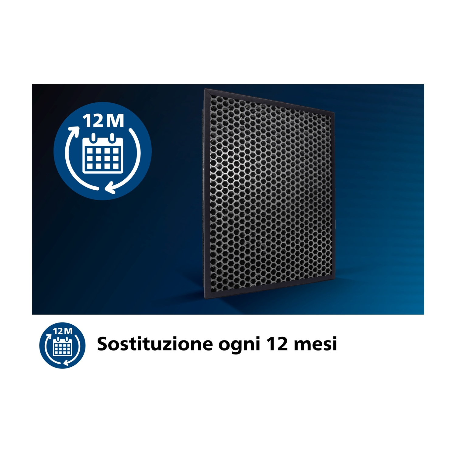 Un filtro dell'aria nero con motivo a nido d'ape, con un cerchio blu che indica la sostituzione.