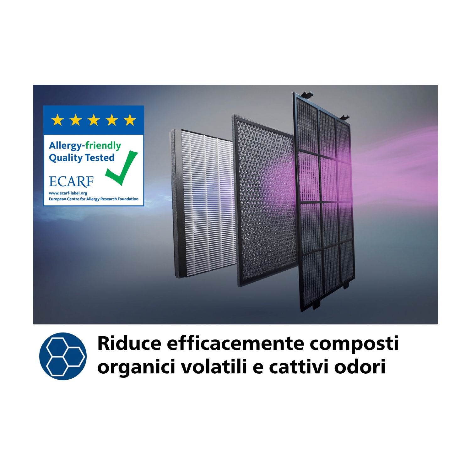 Filtri per purificatore d'aria con testo sulla rimozione di odori e VOC.