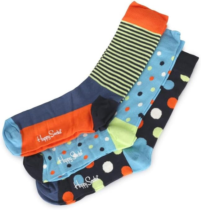 Drie paar Happy Socks sokken. Ze hebben verschillende kleuren en patronen.