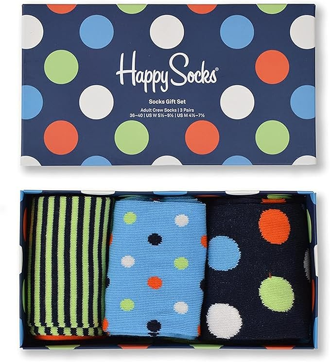 Happy Socks cadeauverpakking met drie paar sokken in een doos met kleurrijke designs.