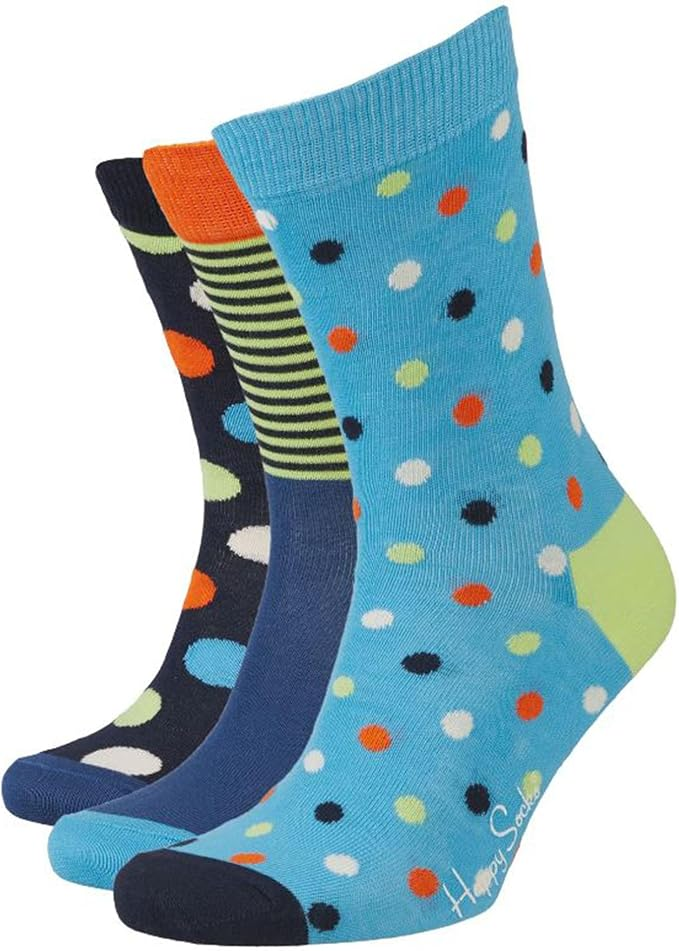 Drie paar sokken. Marineblauw, oranje en blauw met stippen.
