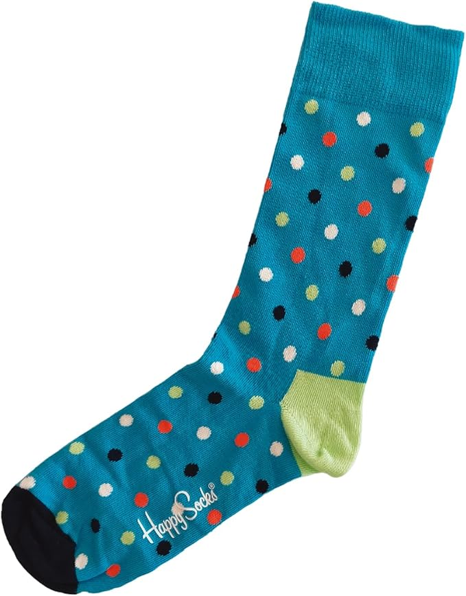 Een turquoise sok met witte, oranje en zwarte stippen.