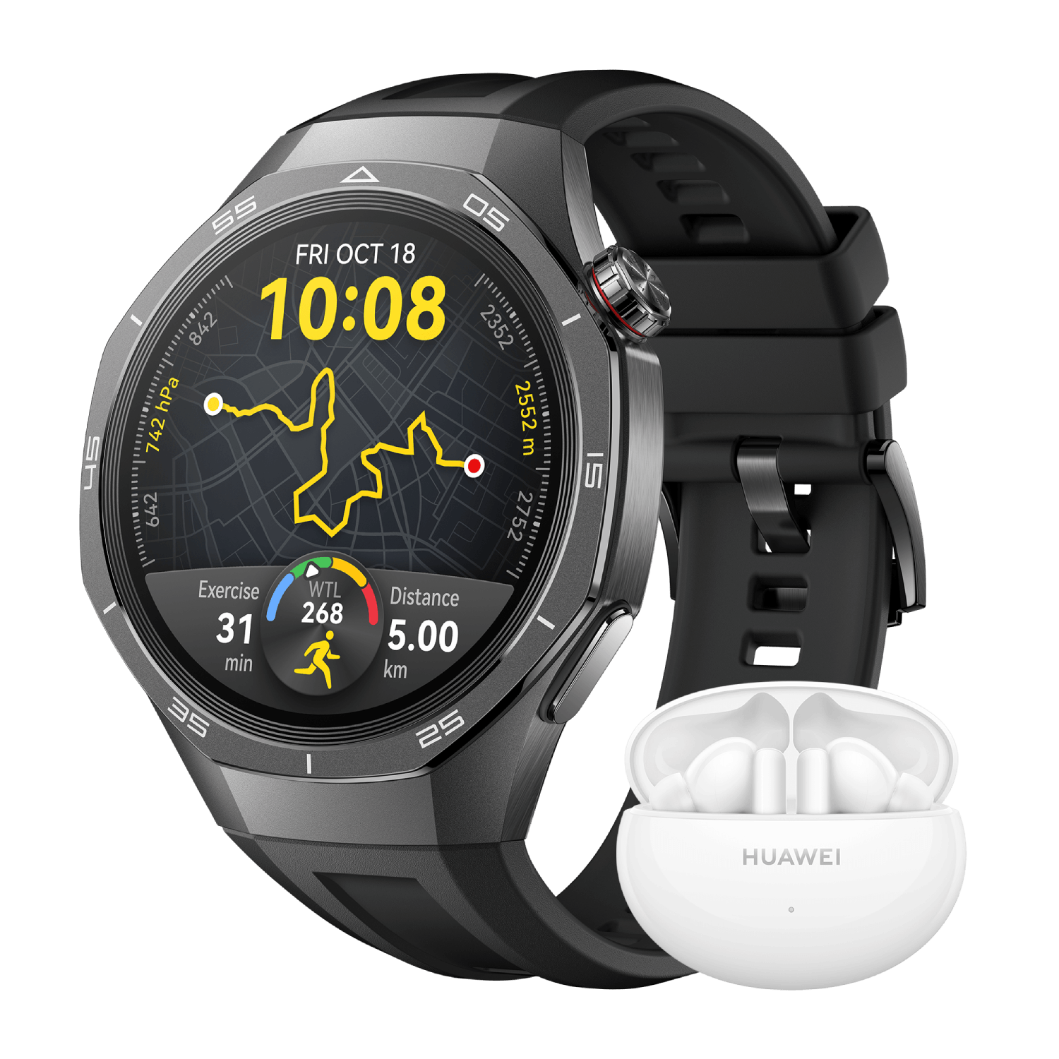 Smartwatch met oordopjes, toont tijd en kaart. Zwart horloge, witte oordopjes.