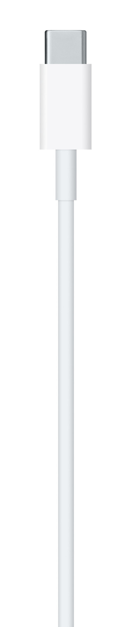 Biały kabel USB-C ze złączem u góry, na gładkim białym tle.